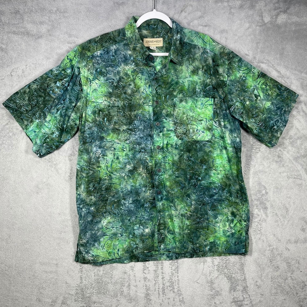 Johari West Shirt Mens 2XL Green Batik Fish Print Short Sleeve Button Down
